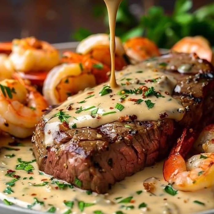 Surf and Turf with Creamy Garlic Sauce