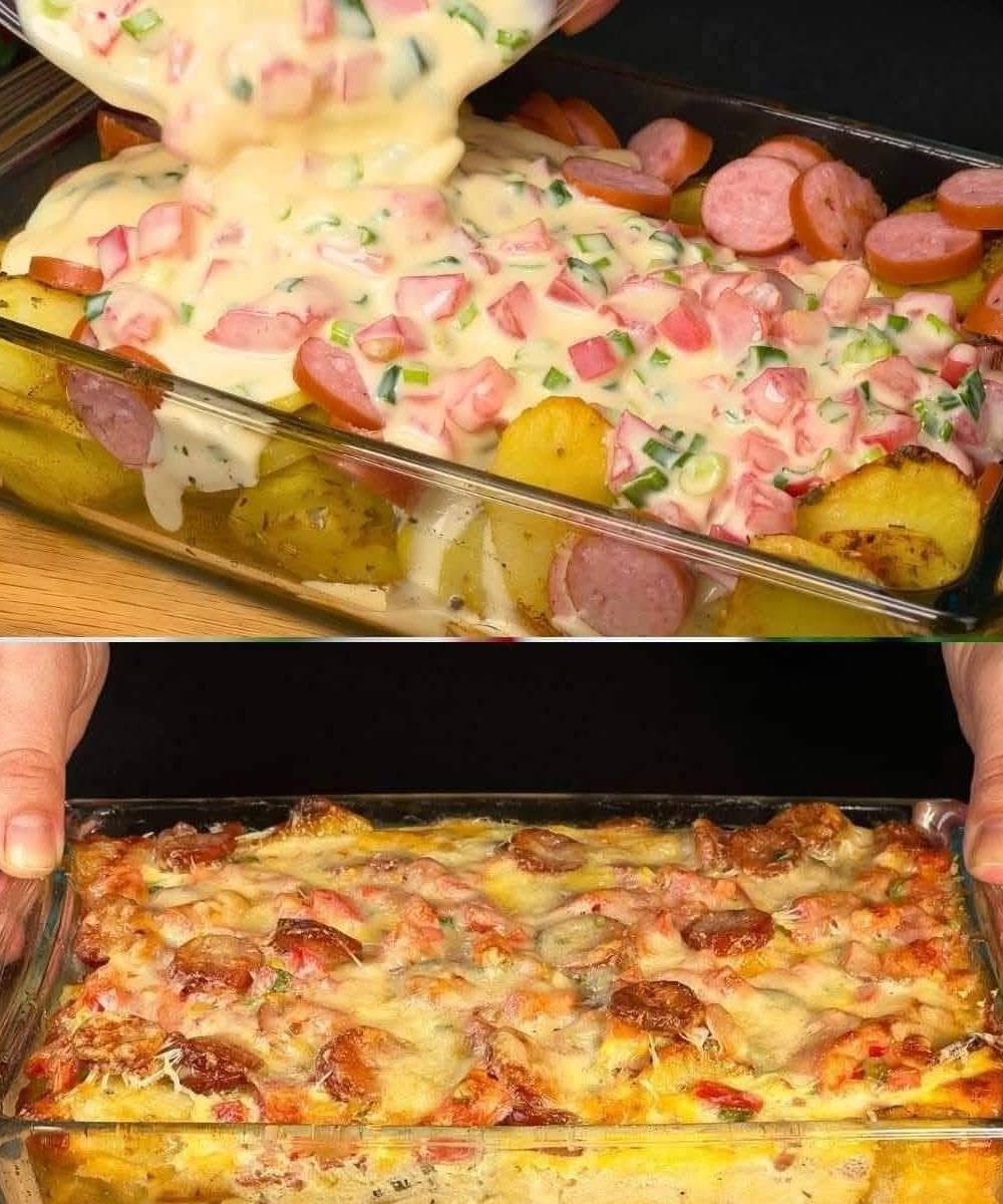 Ingredients for Baked Potato and Sausage Casserole To make this delicious meal, you will need: Four large eggs Two hundred grams of sour cream A bunch of spring onions, chopped