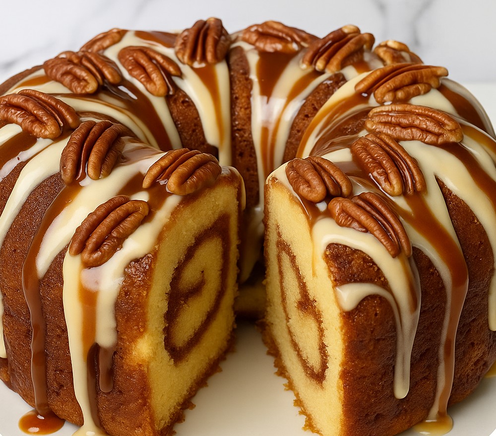 Pecan Caramel Cinnamon Roll Cream Cheese Pound Cake