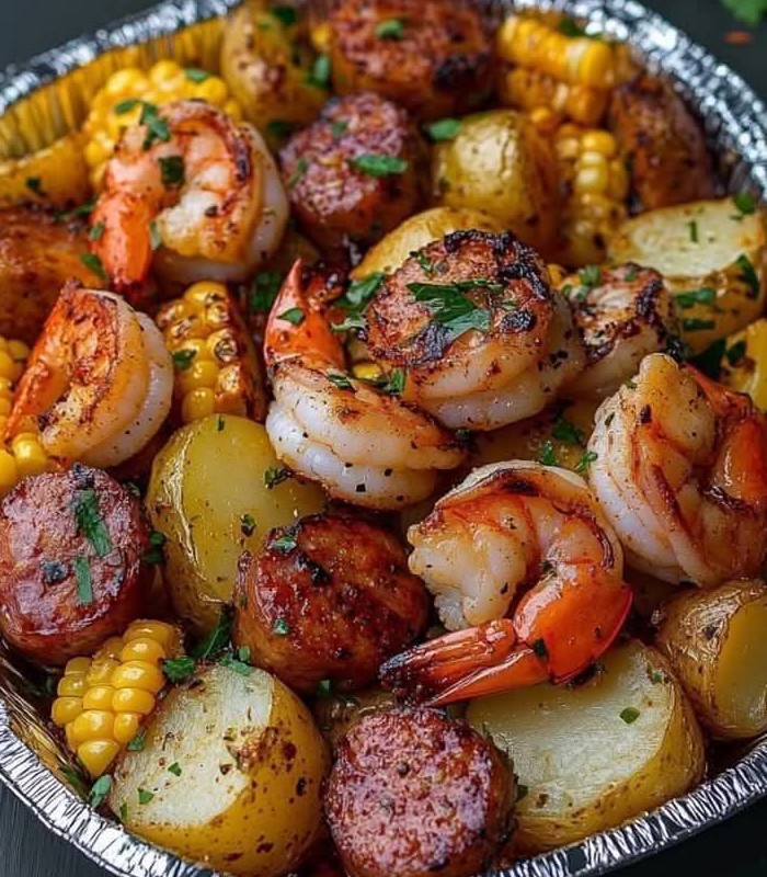 Shrimp Corn Potatoes, and Smoked Sausage Foil Pack