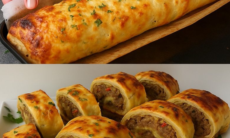 Savory Ground Beef & Cheese Puff Pastry Roll