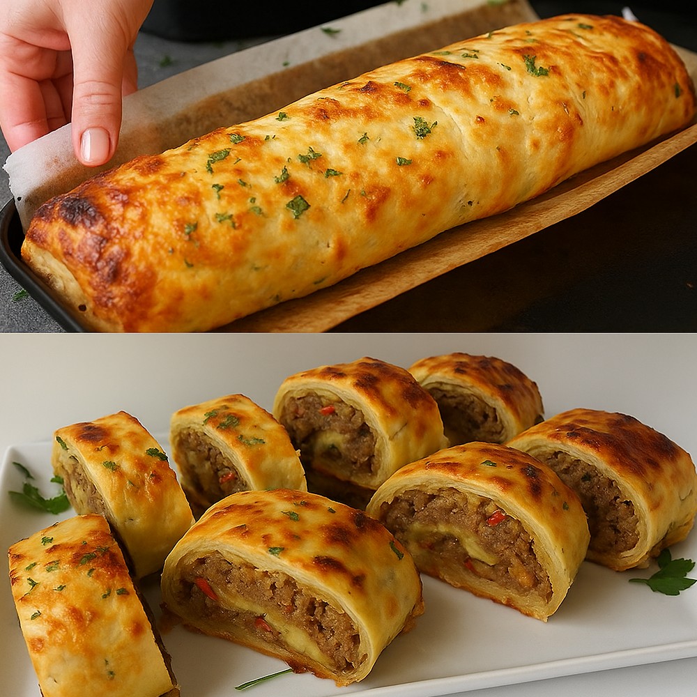 Savory Ground Beef & Cheese Puff Pastry Roll