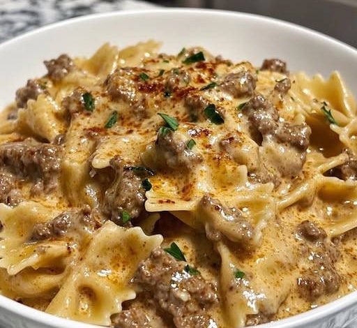 Creamy Parmesan Garlic Beef Bowtie Pasta