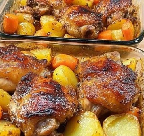 Honey Glazed Chicken Thighs with Roasted Potatoes & Carrots