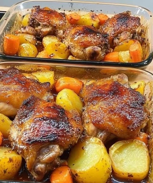 Honey Glazed Chicken Thighs with Roasted Potatoes & Carrots