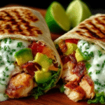 Close-up of chicken avocado ranch burrito with grilled tortilla, creamy ranch drizzle, and fresh vegetables