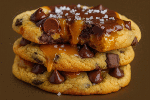 Close-up of gooey salted caramel chocolate chip cookies stacked on a plate with melted caramel and sea salt flakes