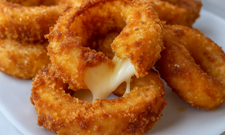 Cheesy Mozzarella Onion Rings with crispy coating and melted cheese center