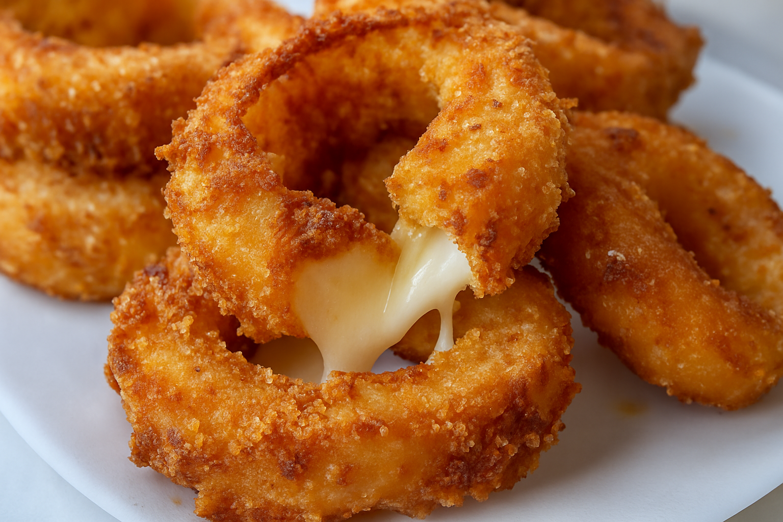 Cheesy Mozzarella Onion Rings with crispy coating and melted cheese center