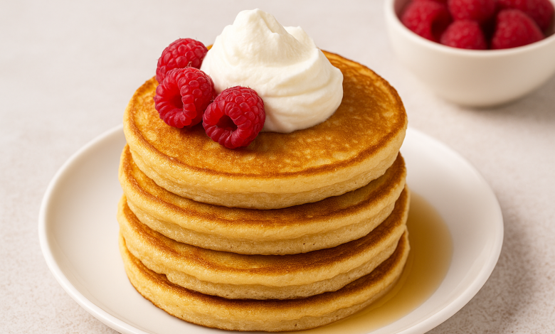 Stack of keto coconut flour pancakes topped with whipped cream and raspberries on a white plate