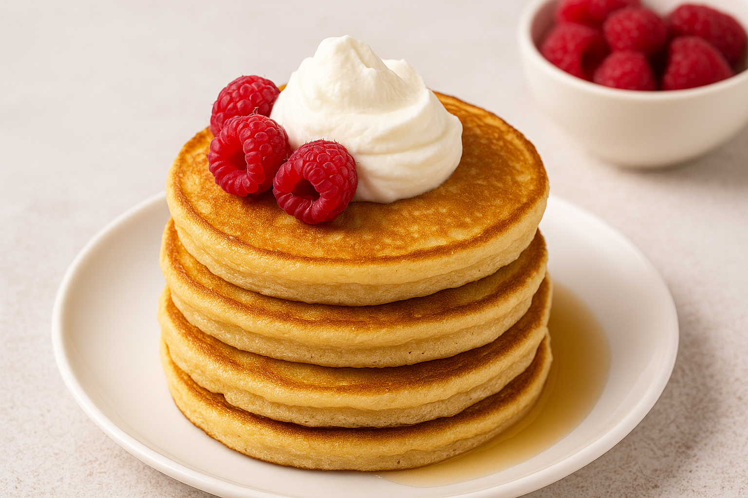 Stack of keto coconut flour pancakes topped with whipped cream and raspberries on a white plate