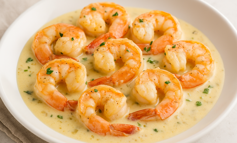 Creamy garlic butter shrimp served on a white plate with parsley garnish
