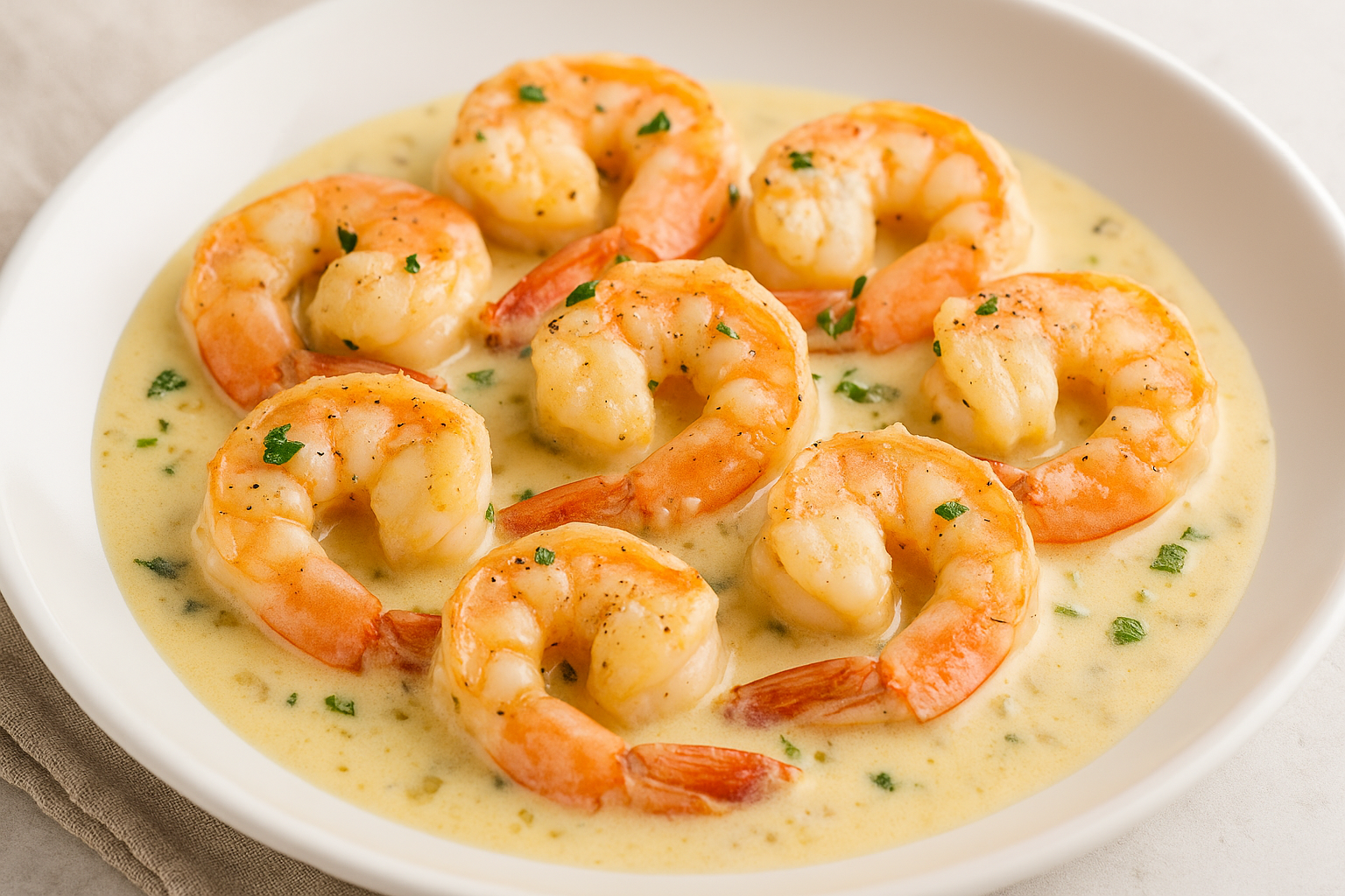 Creamy garlic butter shrimp served on a white plate with parsley garnish