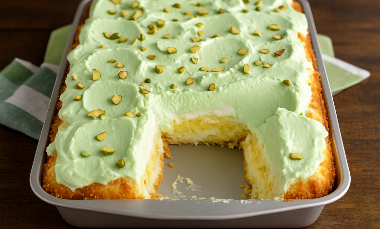 Easy Tropical Pistachio Bliss Cake with pineapple, pistachio pudding, and angel food cake – a perfect no-bake summer dessert.