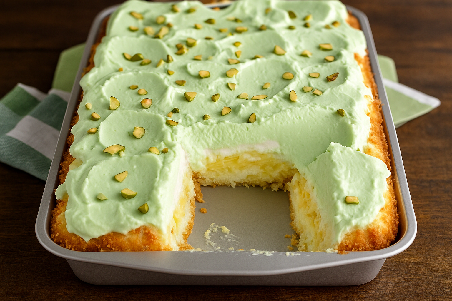 Easy Tropical Pistachio Bliss Cake with pineapple, pistachio pudding, and angel food cake – a perfect no-bake summer dessert.