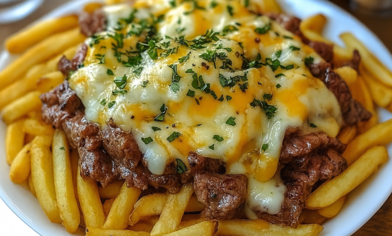 Philly Steak Cheese Fries topped with melted cheese and fresh herbs on crispy fries.