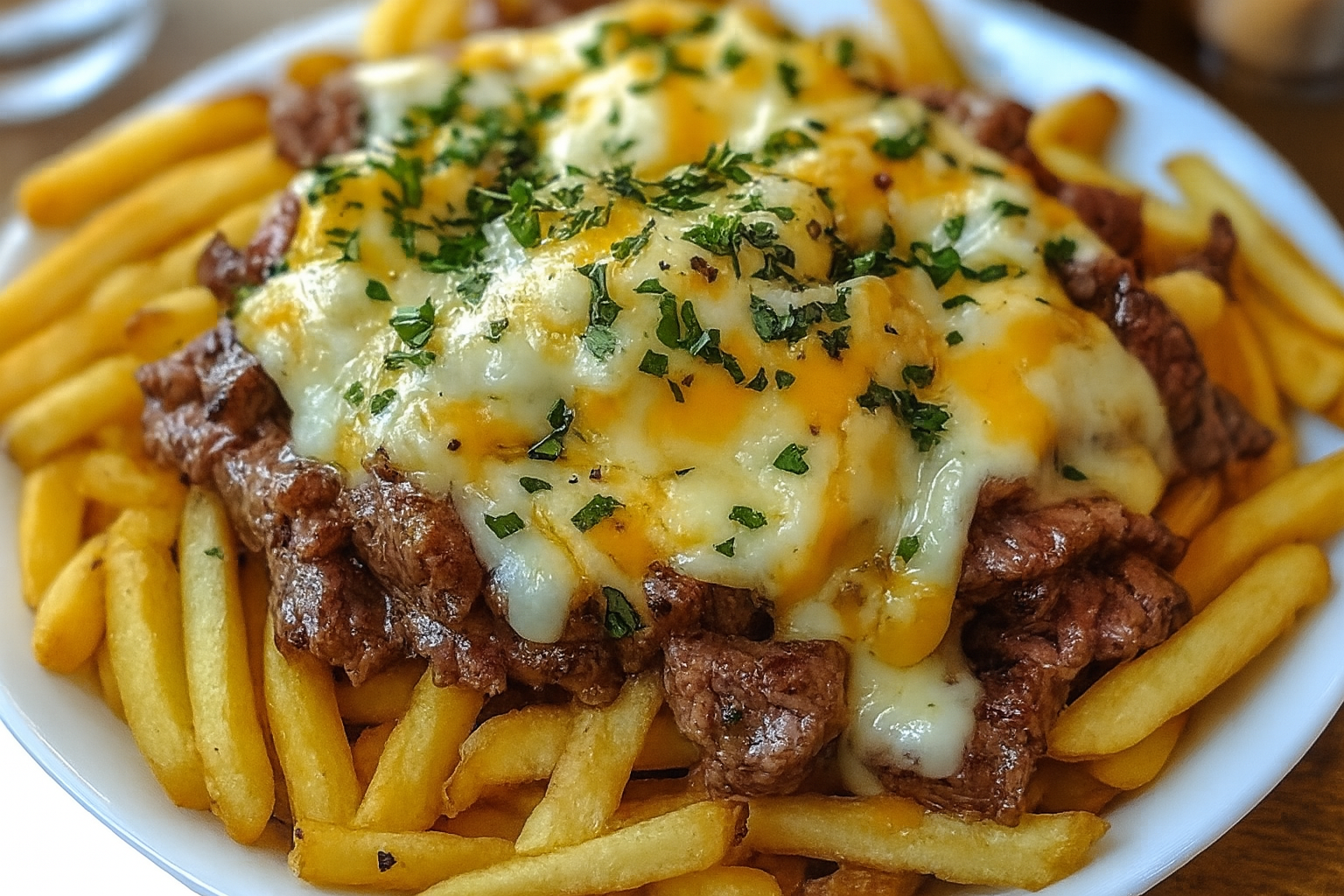 Philly Steak Cheese Fries topped with melted cheese and fresh herbs on crispy fries.