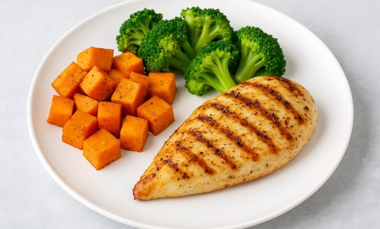 Grilled chicken breast with roasted sweet potatoes and steamed broccoli on a white plate, perfect high-protein dinner for weight loss and meal prep.