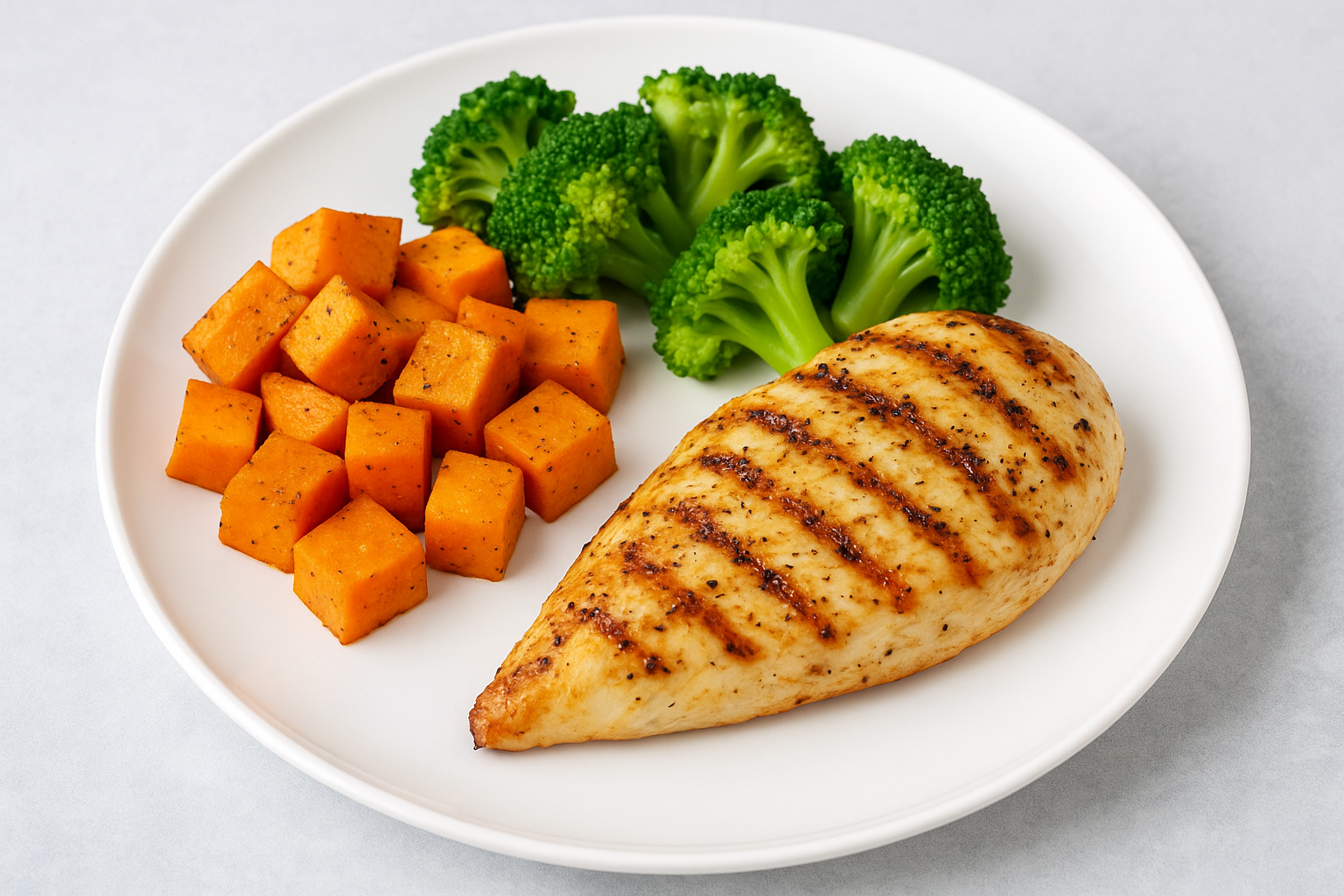 Grilled chicken breast with roasted sweet potatoes and steamed broccoli on a white plate, perfect high-protein dinner for weight loss and meal prep.