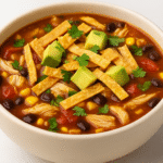 Bowl of Chicken Tortilla Soup with avocado, cheese, and tortilla strips