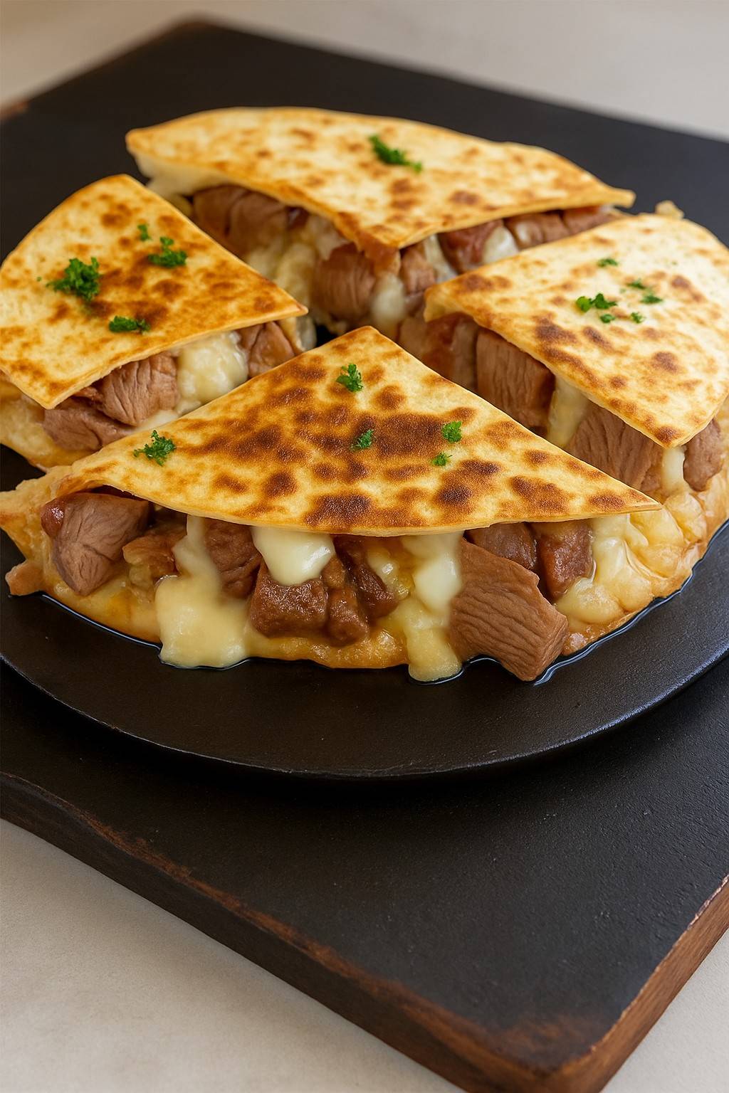 Steak and cheese quesadillas cut into wedges, served hot with melted cheese