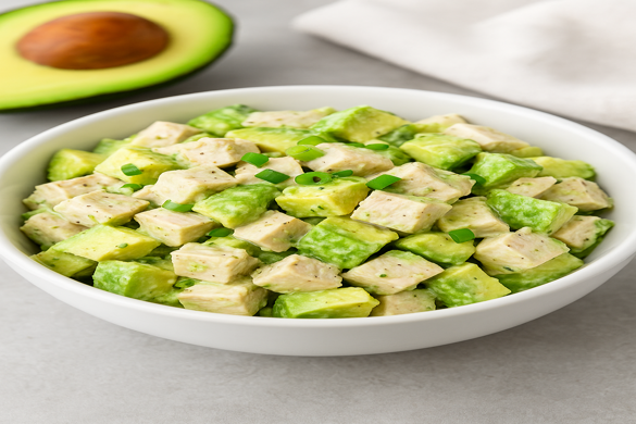 Keto Avocado Chicken Salad in a white bowl with fresh avocado and chicken