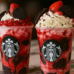 Starbucks Strawberry Oreo Cheesecake Frappuccino with whipped cream, strawberry drizzle, and Oreo cookies in a clear Starbucks cup, perfect creamy summer drink recipe.