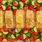 Healthy salmon recipe with roasted vegetables baked to perfection