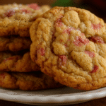 Brown Sugar Rhubarb Cookies stacked on a plate showing golden texture and pink rhubarb bits – perfect soft chewy cookies.