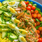 Healthy Salmon Cobb Salad with Avocado, Eggs, and Fresh Vegetables – Keto-Friendly and High Protein