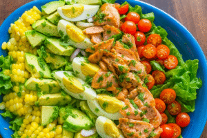 Healthy Salmon Cobb Salad with Avocado, Eggs, and Fresh Vegetables – Keto-Friendly and High Protein