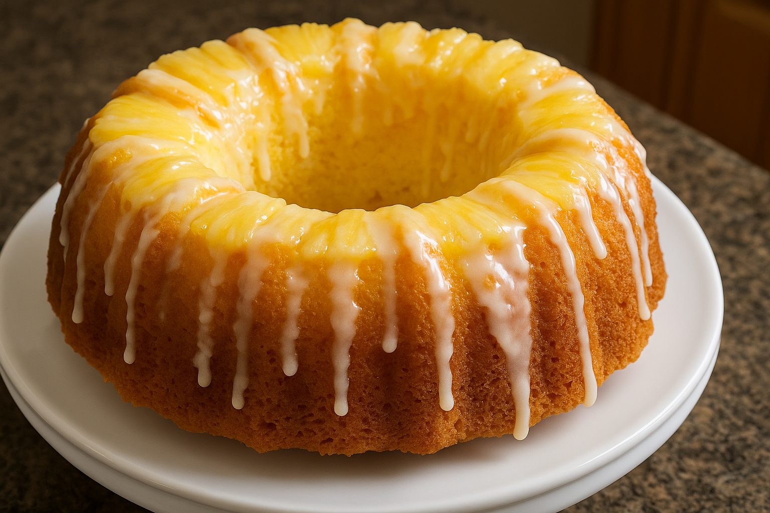 Pineapple Cream Cheese Bundt Cake with glaze and toasted coconut