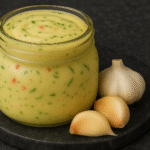 homemade garlic sauce in a jar with creamy texture and fresh herbs