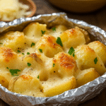 parmesan baked potatoes with golden crispy cheese topping on a baking sheet