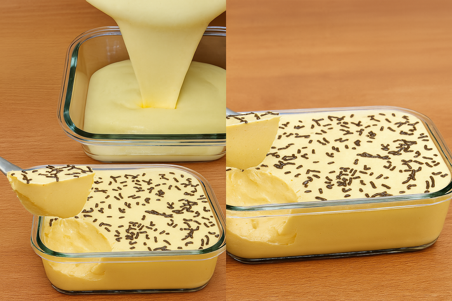 Small no-bake vanilla pudding served in a glass cup, topped with chocolate sprinkles