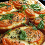 Mediterranean tomato basil garlic bread topped with fresh tomatoes, herbs, and melted cheese on crispy toasted slices