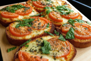 Mediterranean tomato basil garlic bread topped with fresh tomatoes, herbs, and melted cheese on crispy toasted slices