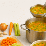 Basic vegetable soup in a pot with fresh carrots, celery, and herbs, perfect for a healthy family dinner.