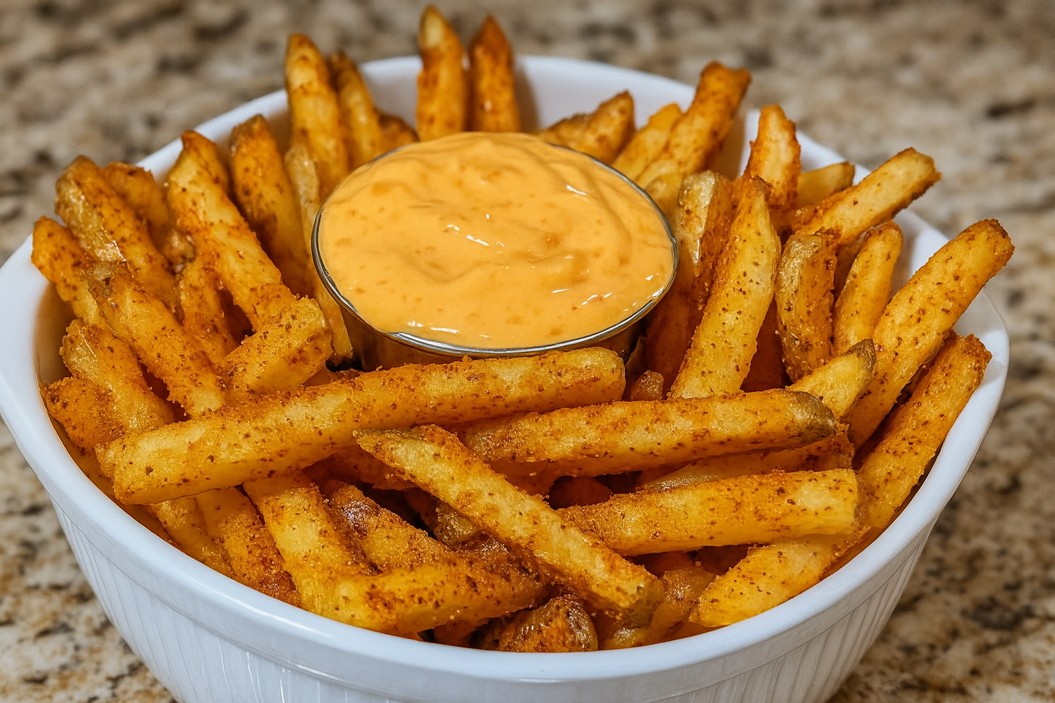Taco Bell Nacho Fries with Spicy Seasoning and Creamy Nacho Cheese Sauce in a White Bowl