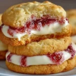 Close-up of strawberry cheesecake stuffed cookies with creamy filling and jam