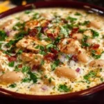 A hearty bowl of Creamy White Chicken Chili with tender chicken, creamy white beans, and mild green chilies in a rich, comforting broth.