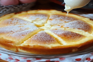 Japanese cotton cheesecake sliced and dusted with powdered sugar, drizzled with condensed milk