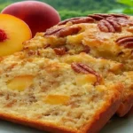 Freshly sliced Peach Pecan Bread showing moist crumb with peach chunks and toasted pecans on top, perfect for a summer breakfast or snack.