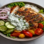 Mediterranean Grilled Chicken Bowl with rice and tzatziki