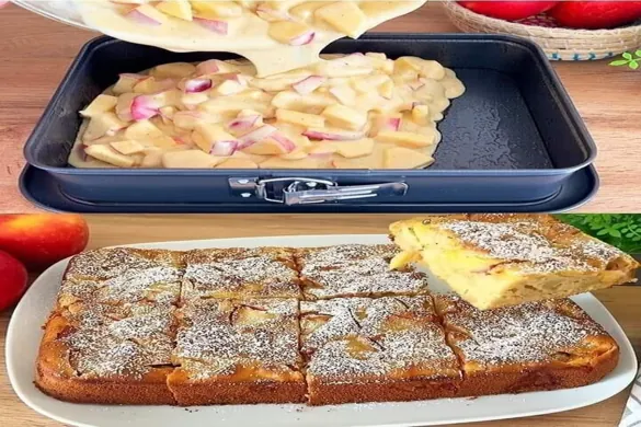 Apple Custard Cake with diced apples in creamy batter and baked to golden perfection, dusted with powdered sugar.