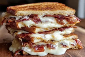 Close-up of a Bacon Grilled Cheese Sandwich with crispy bacon and melted cheese on golden toasted brioche bread.