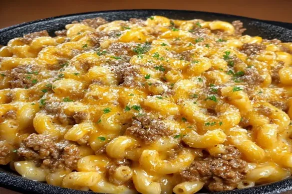 Cheesy Homemade Hamburger Helper in a skillet