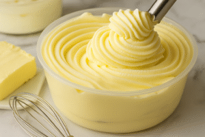 whipped pudding frosting piped in a swirl over creamy vanilla base