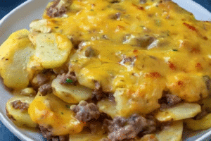 Cheesy hamburger potato casserole recipe with ground beef, sliced potatoes, and melted cheddar cheese baked to golden perfection