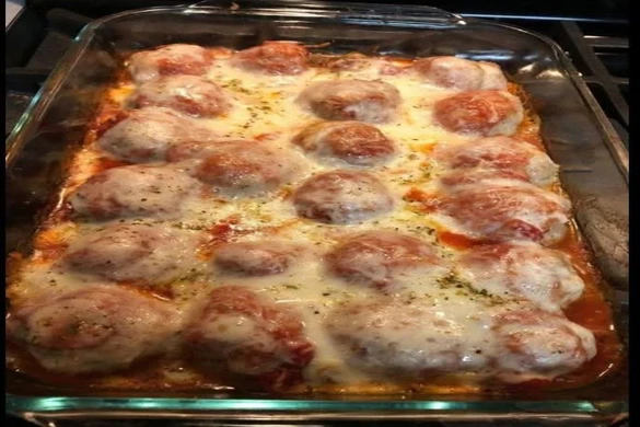 Cheesy dump and bake meatball casserole baked with marinara sauce and mozzarella